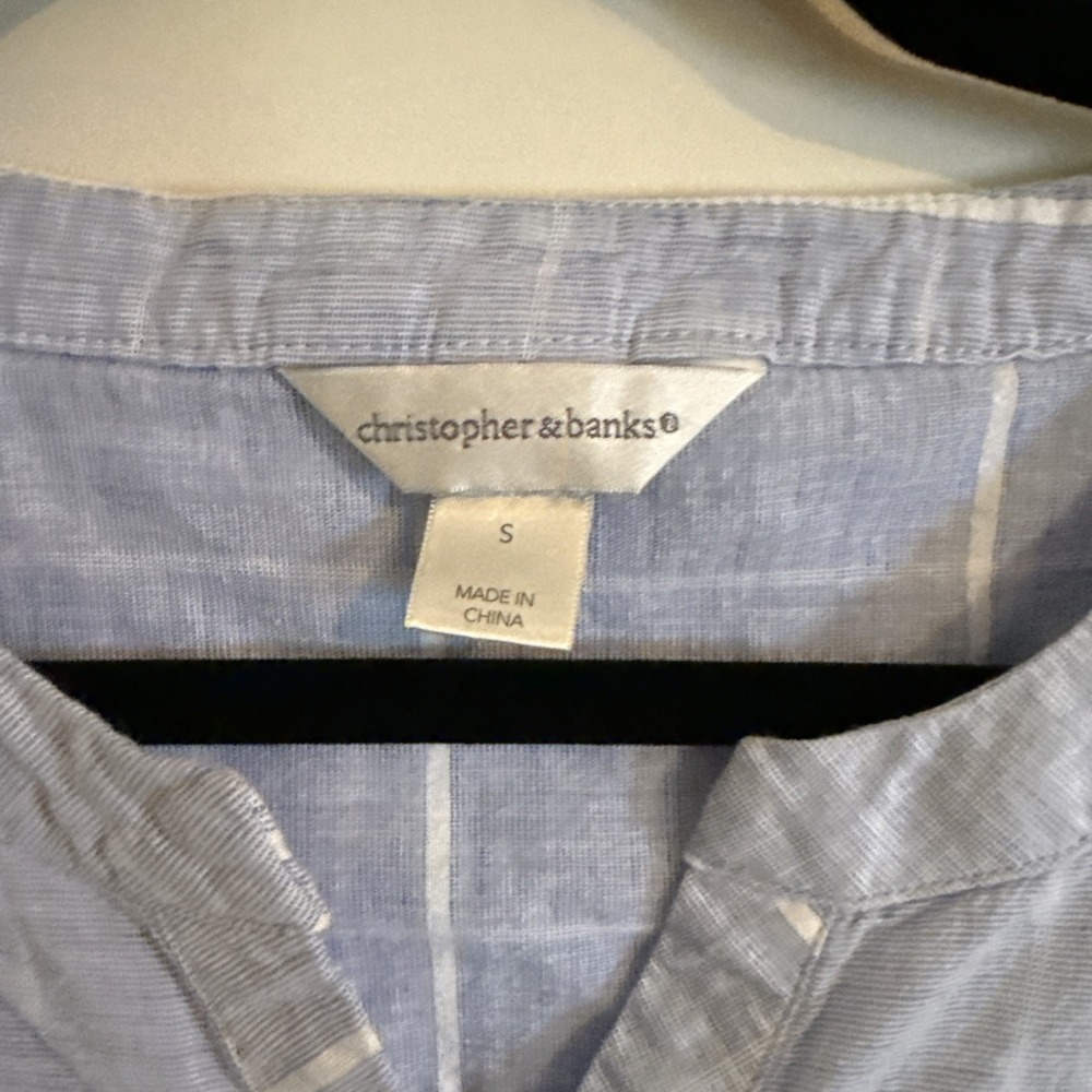 Christopher & Banks Blue Windowpane Plaid Crochet Lace Pom Pom Blouse Small - Picture 2 of 7